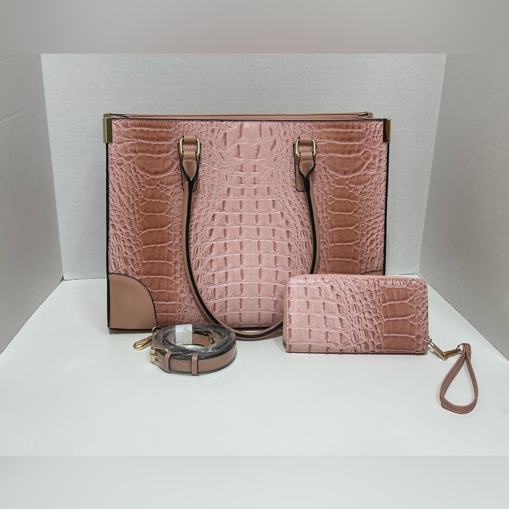 NWOT Croc-Embossed Pink Tote with Matching Wallet and Strap